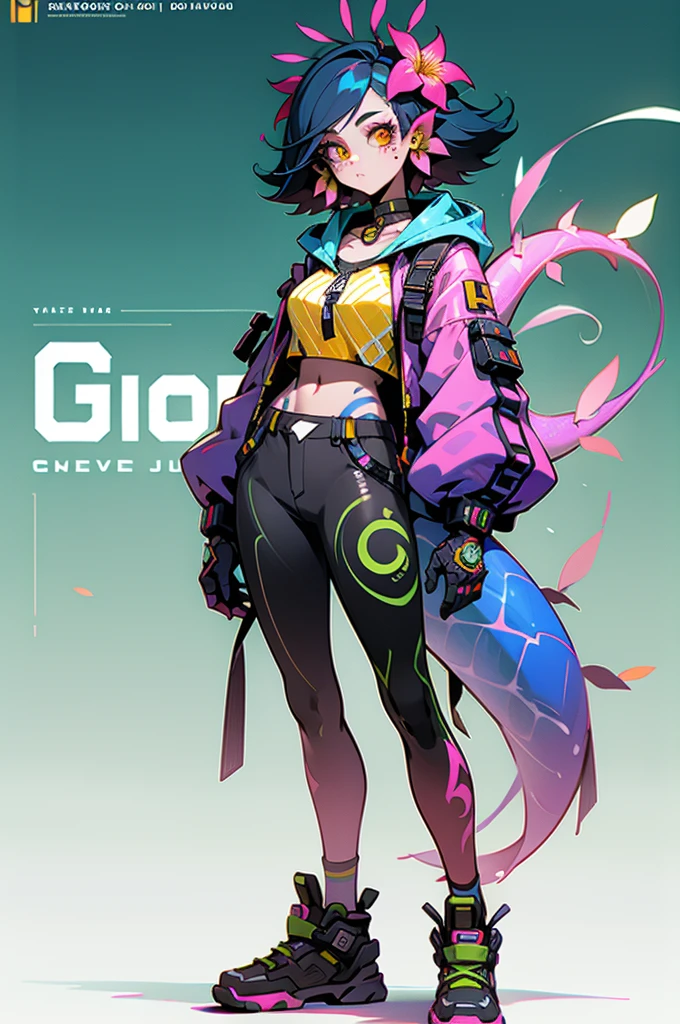 Nicole, 1个Giant Breast Girl, facial marks, hair adornments, hairflower, choker necklace, brown shorts, Crop top, Colorful skins, lizard tail, bodypainting, yellow-eyed, cow boy shot, perfect anatomia, mediuml breasts, lookingat_Shown in_peeking at the viewer, short_the hair, mitts, navel, fail, blue_There are eyes, everlasting, full_body, arma, footwear, collars, Black_mitts, septum, hooded, the hair_exceed_Yoon_There are eyes, cropper_top, hoody, Black_trouser, athletic sneakers, cropped_jaket, cyber punk personage, cropped_hoody 3d Avata5
