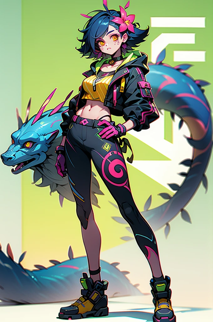 Nicole, 1个Giant Breast Girl,  marks, hair adornments, hairflower, choker necklace, brown shorts, Crop top, Colorful skins, lizard tail, bodypainting, yellow-eyed, cow boy shot, perfect anatomia, mediuml breasts, lookingat_Shown in_peeking at the viewer, short_the hair, mitts, navel, fail, blue_There are eyes, everlasting, full_body, arma, footwear, collars, Black_mitts, septum, hooded, the hair_exceed_Yoon_There are eyes, cropper_top, hoody, Black_trouser, athletic sneakers, cropped_jaket, cyber punk personage, cropped_hoody 3d Avata5