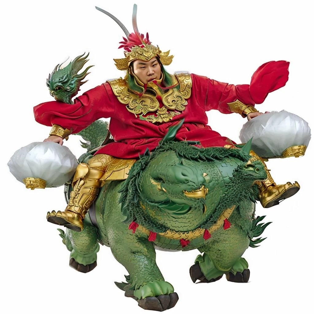an ancient young Chinese warrior, with gold armour, a red robe outside of the armour, 2 hands holding the stick of silver melon hammer, riding on a fat green dragon head. Green Unicorn, no beard, red ribbon below chin,