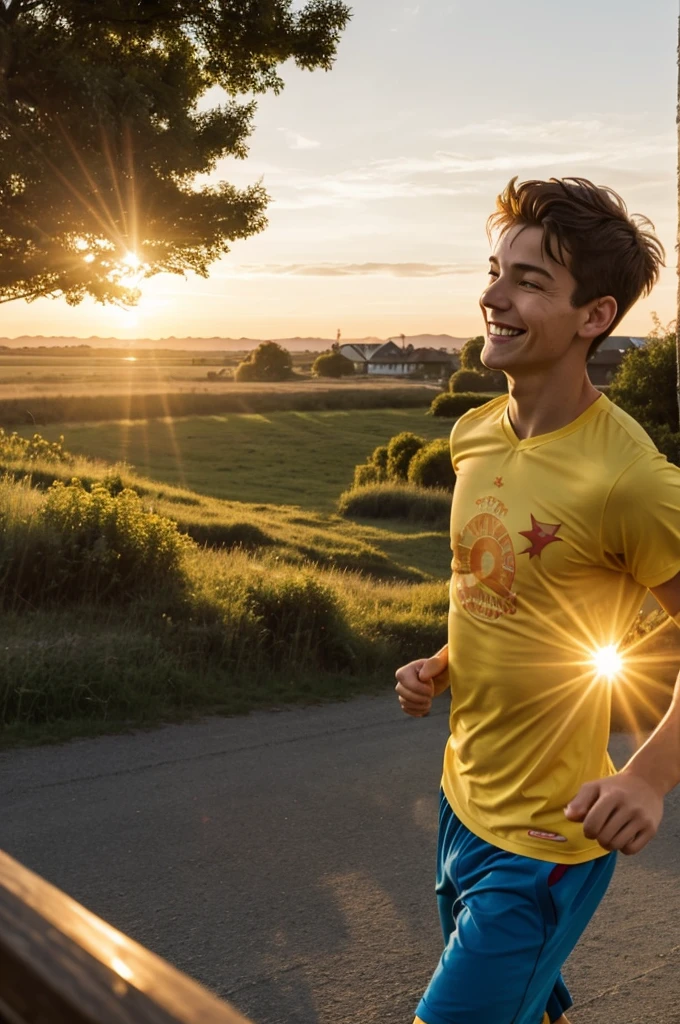 Page 1:
Image of a bright sunrise over a quiet town.
Storyteller: In a serene town surrounded by nature...
Image of Lucas waking up with a smile.
Storyteller: Live Lucas, a young man full of energy and passion for exercise.