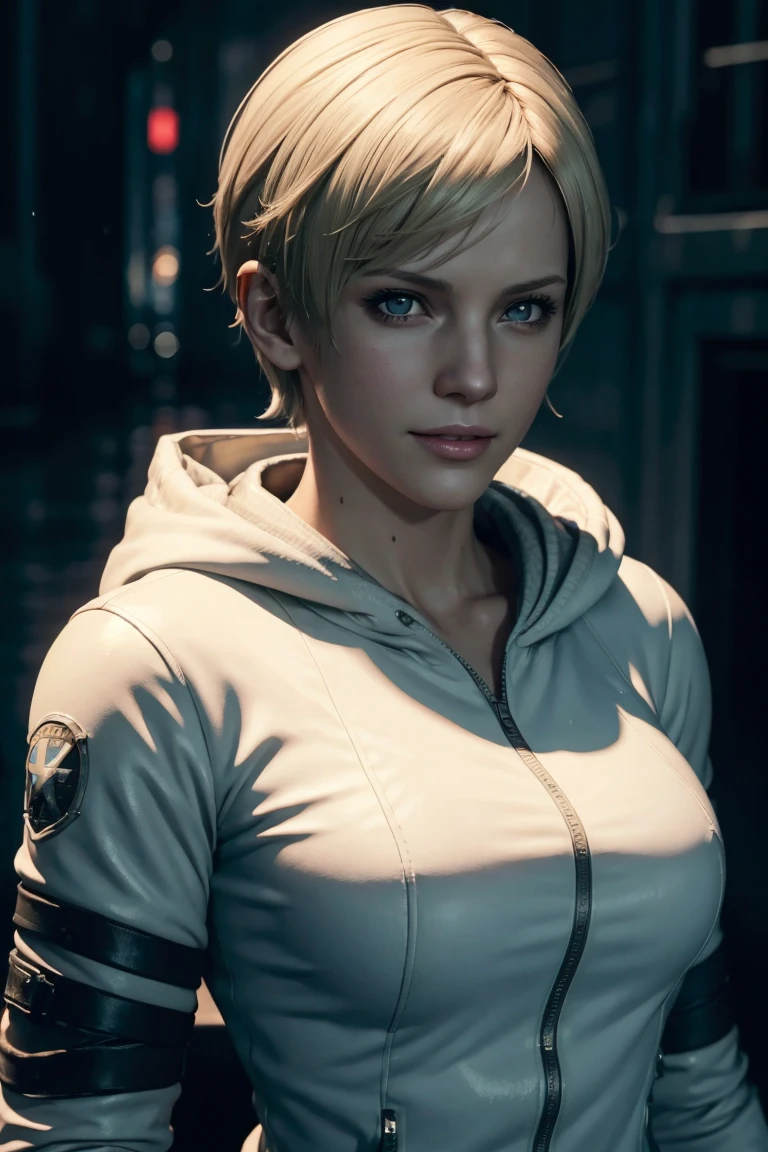 Resident Evil 6,Shelley,Short Hair,Blonde Hair,White hoodie,Cold protection,neck warmer,Photorealistic,Ultra HD,high quality,masterpiece,Digital SLR,Detailed details,Intricate details,Anatomical basis,Depicted in detail,A detailed face,Realistic skin texture,Vivid details,Perfect Anatomy,Perfect Anatomy,Anatomically correct hand,Anatomically correct fingers,Super Detail,Complex 3D rendering,Sexy pose,Rainy Sky,Beautiful scenery,Fantastic rainy sky,Picturesque,Pink Lips,smile,
