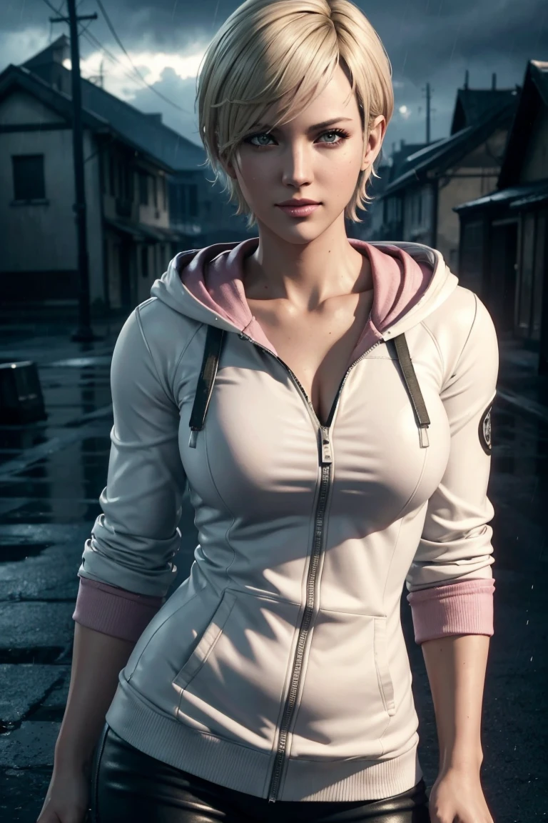 Resident Evil 6,Shelley,Short Hair,Blonde Hair,White hoodie,Cold protection,neck warmer,Photorealistic,Ultra HD,high quality,masterpiece,Digital SLR,Detailed details,Intricate details,Anatomical basis,Depicted in detail,A detailed face,Realistic skin texture,Vivid details,Perfect Anatomy,Perfect Anatomy,Anatomically correct hand,Anatomically correct fingers,Super Detail,Complex 3D rendering,Sexy pose,Rainy Sky,Beautiful scenery,Fantastic rainy sky,Picturesque,Pink Lips,smile,