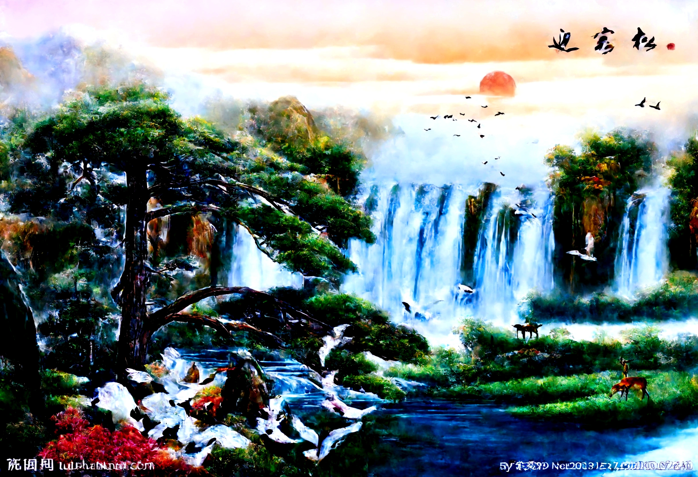 painting of a waterfall with birds and a deer in the foreground, nature painting, scenery artwork, anime nature wallpap, chinese painting style, a beautiful artwork illustration, detailed scenery —width 672, dream scenery art, anime nature, beautiful wallpaper, chinese style painting, scenery art detailed, beautiful digital art, nature wallpaper, very beautiful digital art, really beautiful nature