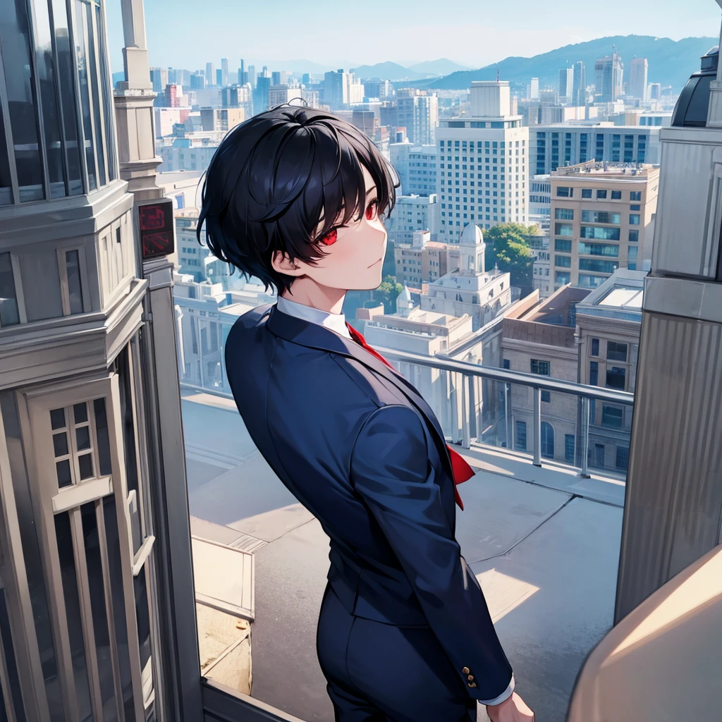 1boy, short black hair, red eyes, wearing all blue suits, on top of a building, high res, ultrasharp, 8k, masterpiece, looking at viewer