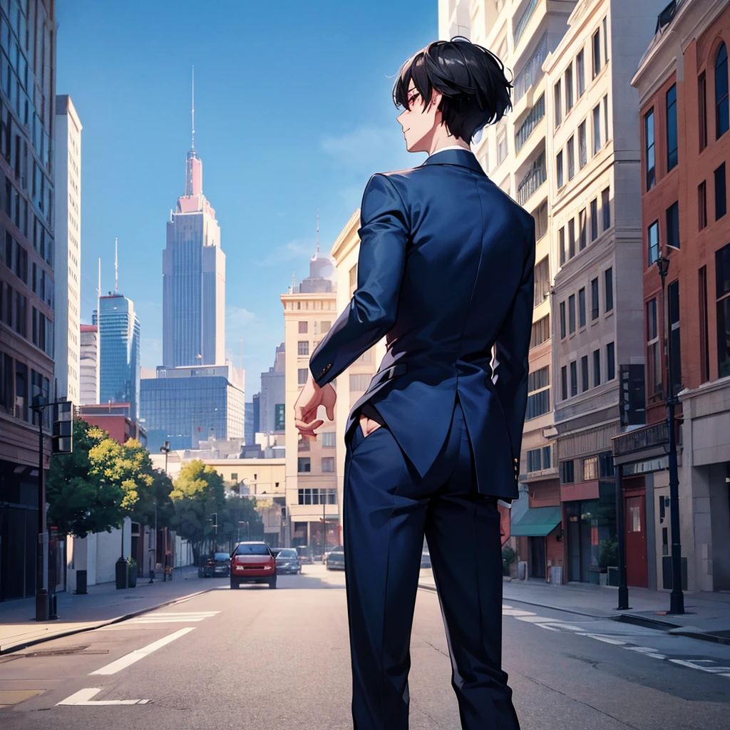 1boy, short black hair, red eyes, wearing all blue suits, on top of a building, high res, ultrasharp, 8k, masterpiece, looking at viewer from behind
