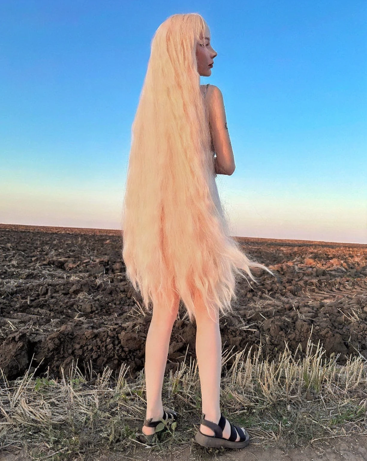 Long-haired blonde woman standing in a field against a sky background, Extra long blonde hair, Very long snow-colored hair, Very long white hair, Very long and thick blond hair, Very long hair, Extra long hair的女孩, Extra long hair, Long bubblegum hair, has long white hair, Light pink long hair, Detailed long white hair