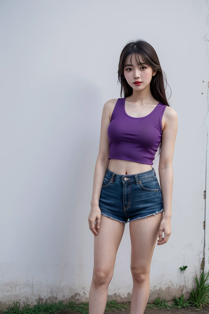 A very cute girl, solo, young, wearing purple tank top and short pants, big breasts, white and smooth skin, standing, full body, red lip, at rice field, realistic face