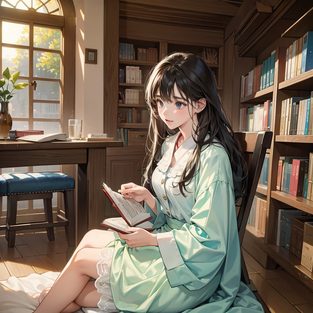 (8K、RAW Photos、top-quality、​masterpiece:1.2)、Beautiful woman reading a book in a library、30 years old、It&#39;s raining outside the window、Woman looking out the window、Photographing a woman from outside a window、