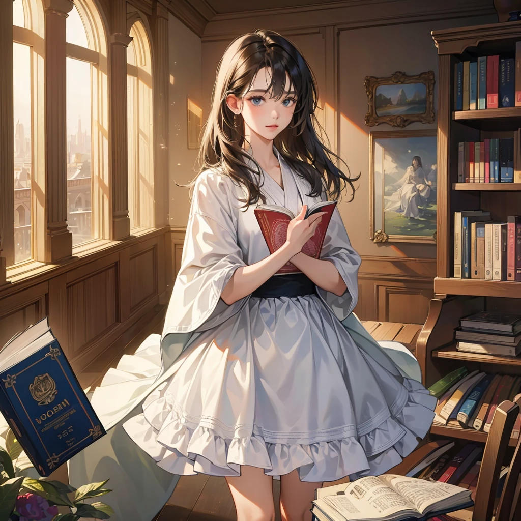 (8K、RAW Photos、top-quality、​masterpiece:1.2)、Beautiful woman reading a book in a library、30 years old、It&#39;s raining outside the window、Woman looking out the window、Photographing a woman from outside a window、