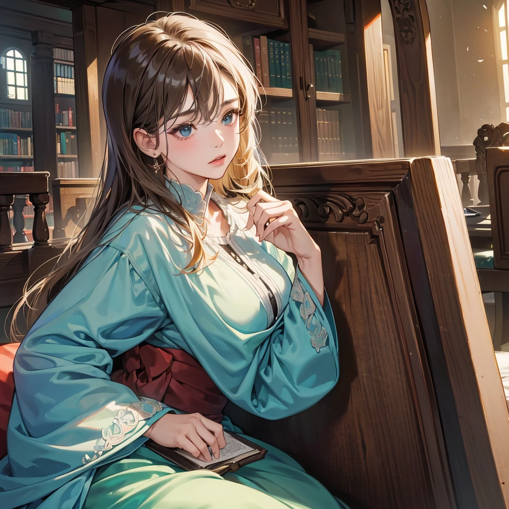 (8K、RAW Photos、top-quality、masterpiece:1.2)、Beautiful woman reading a book in a library、30 years old、It's raining outside the window、Woman looking out the window、Photographing a woman from outside a window、