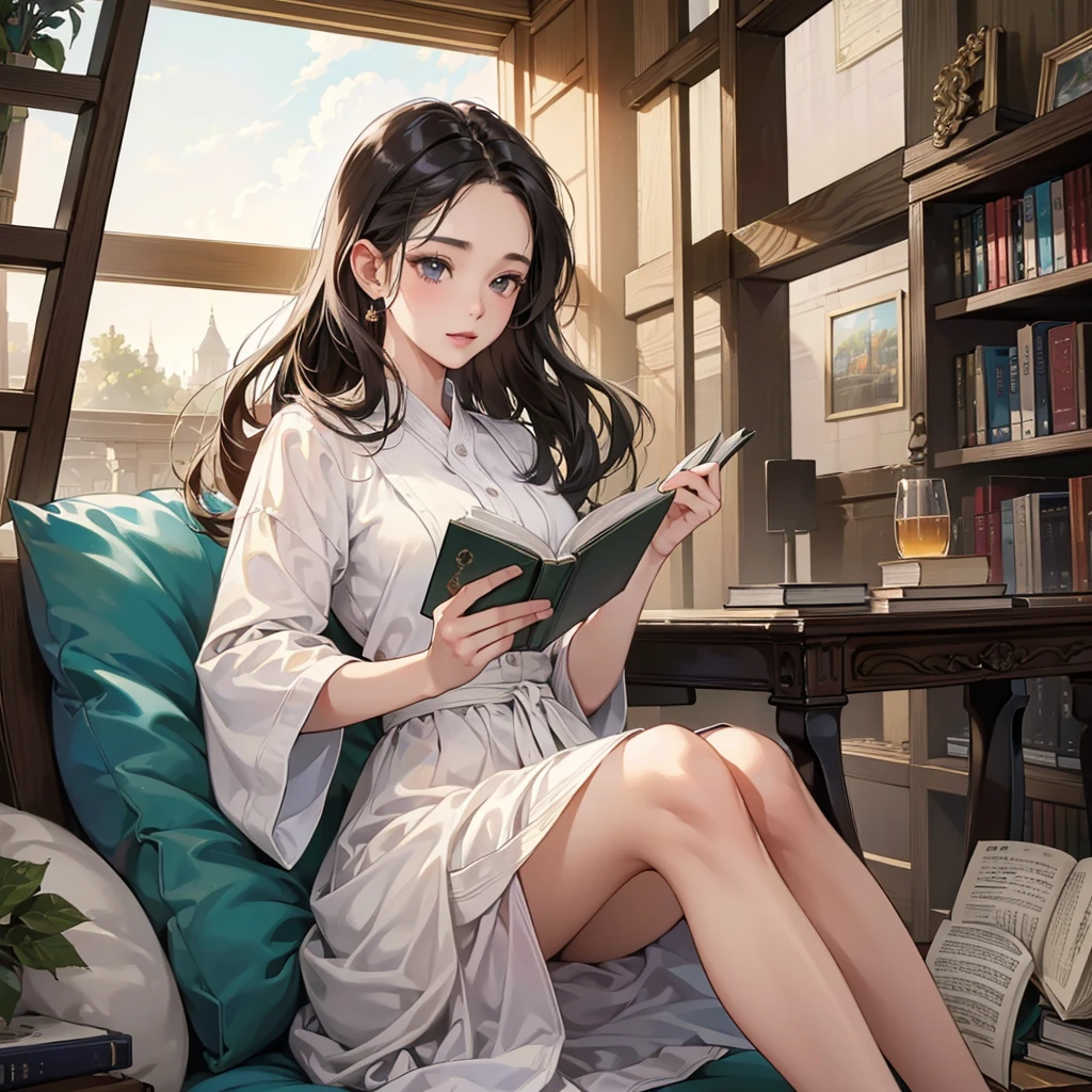 (8K、RAW Photos、top-quality、​masterpiece:1.2)、Beautiful woman reading a book in a library、30 years old、It&#39;s raining outside the window、Woman looking out the window、Photographing a woman from outside a window、
