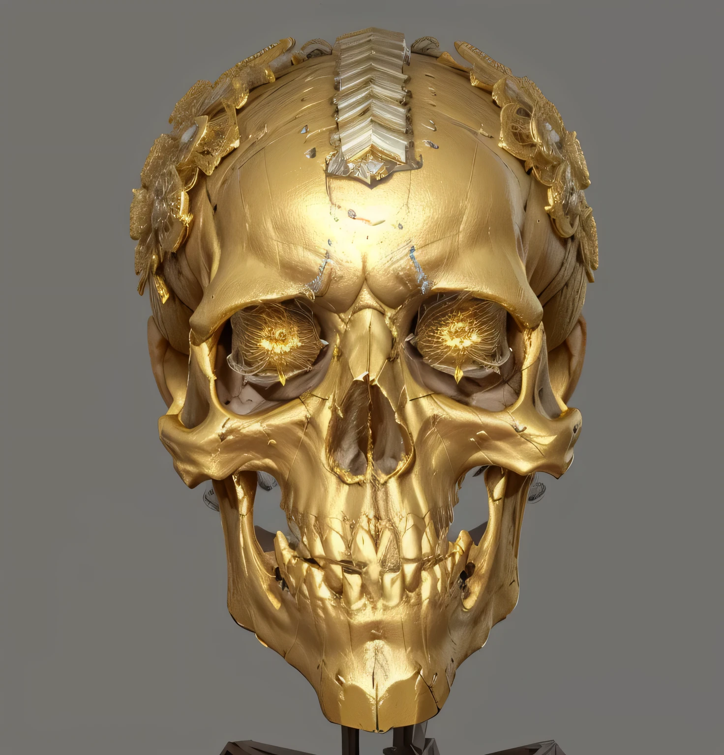 there is a gold skull with a tooth on a stand, skull like, human skull, skull, High resolution and detail, ugly Very detailed, gold skulls, eerie Very detailed, High resolution ultra detailed, Very detailed skeleton, skull bust, Extremely detailed front angle, skull protruding from face, skull head, Undead. Very detailed, Textured skeleton，3D Character Art，Ashe，2。5 D CGI Anime Fantasy Artwork，CGScosiety，Close-up characters，As seen on the Art Station