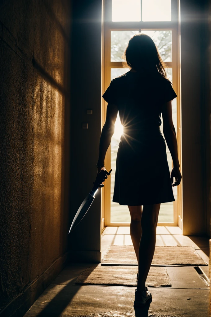 An arm holding a knife and walking towards the light