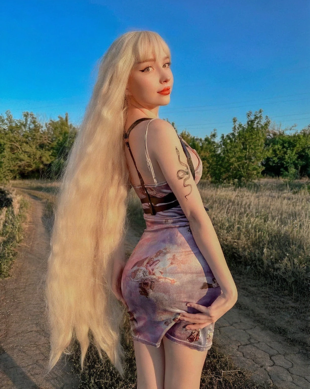 Blonde long-haired woman posing in the field, Ava Max, Kim Petras (Peter Kim) Portrait, Very long and thick blond hair, Extra long blonde hair, Has long blonde hair, Has long blond hair, Parsley, Girl with extra long hair, Very light blonde, has long white hair, has long white hair, Long white hair and bangs