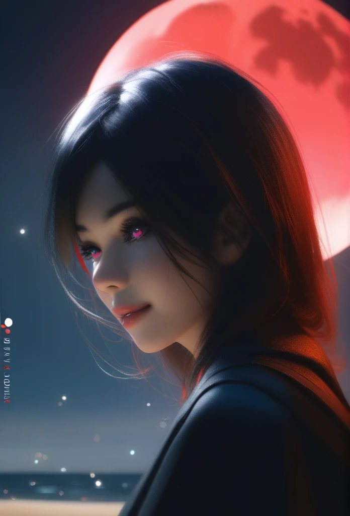 1girl, solo, wlop, black hair, gradient eyes, black cloak, seductive smile, beach, red moon, night sky, (best quality,8k,highres,masterpiece:1.2),ultra-detailed,realistic,photorealistic,photo-realistic:1.37,HDR,UHD,studio lighting,ultra-fine painting,sharp focus,physically-based rendering,extreme detail description,professional,vivid colors,bokeh,dramatic lighting,cinematic,atmospheric