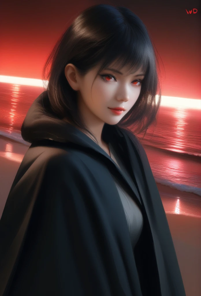 1girl, solo, wlop, black hair, gradient eyes, black cloak, seductive smile, beach, red moon, night sky, (best quality,8k,highres,masterpiece:1.2),ultra-detailed,realistic,photorealistic,photo-realistic:1.37,HDR,UHD,studio lighting,ultra-fine painting,sharp focus,physically-based rendering,extreme detail description,professional,vivid colors,bokeh,dramatic lighting,cinematic,atmospheric