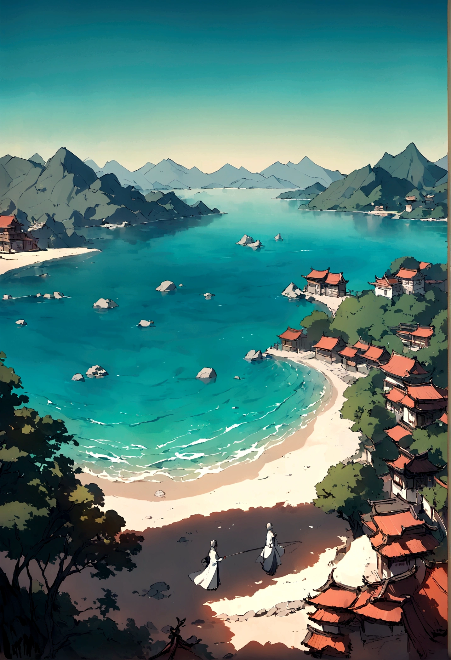 一个young的少年,((Shabby laundry)),((Fisherman Dress Up)),young,Standing on the beach,The background is a small fishing village,Back to the audience,Looking at the sea and mountains in the distance,Chinese style,Immortal World,Xianxia World