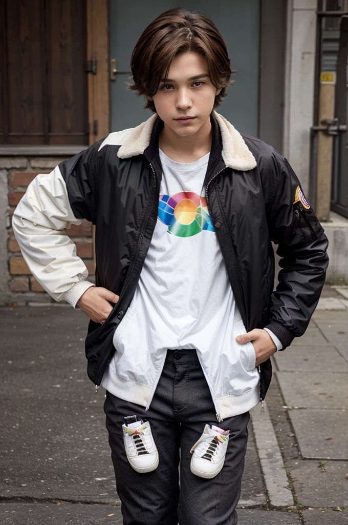 anime, boy with brown hair, white jacket, there is a rainbow on the jacket, black pants, brown shoes