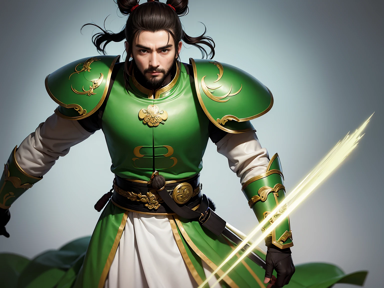 wet on dry, Full-length portrait of Chinese Liu Bei. His appearance is goat's beard, soft and charismatic. His topknot and light green armor unique to ancient China.