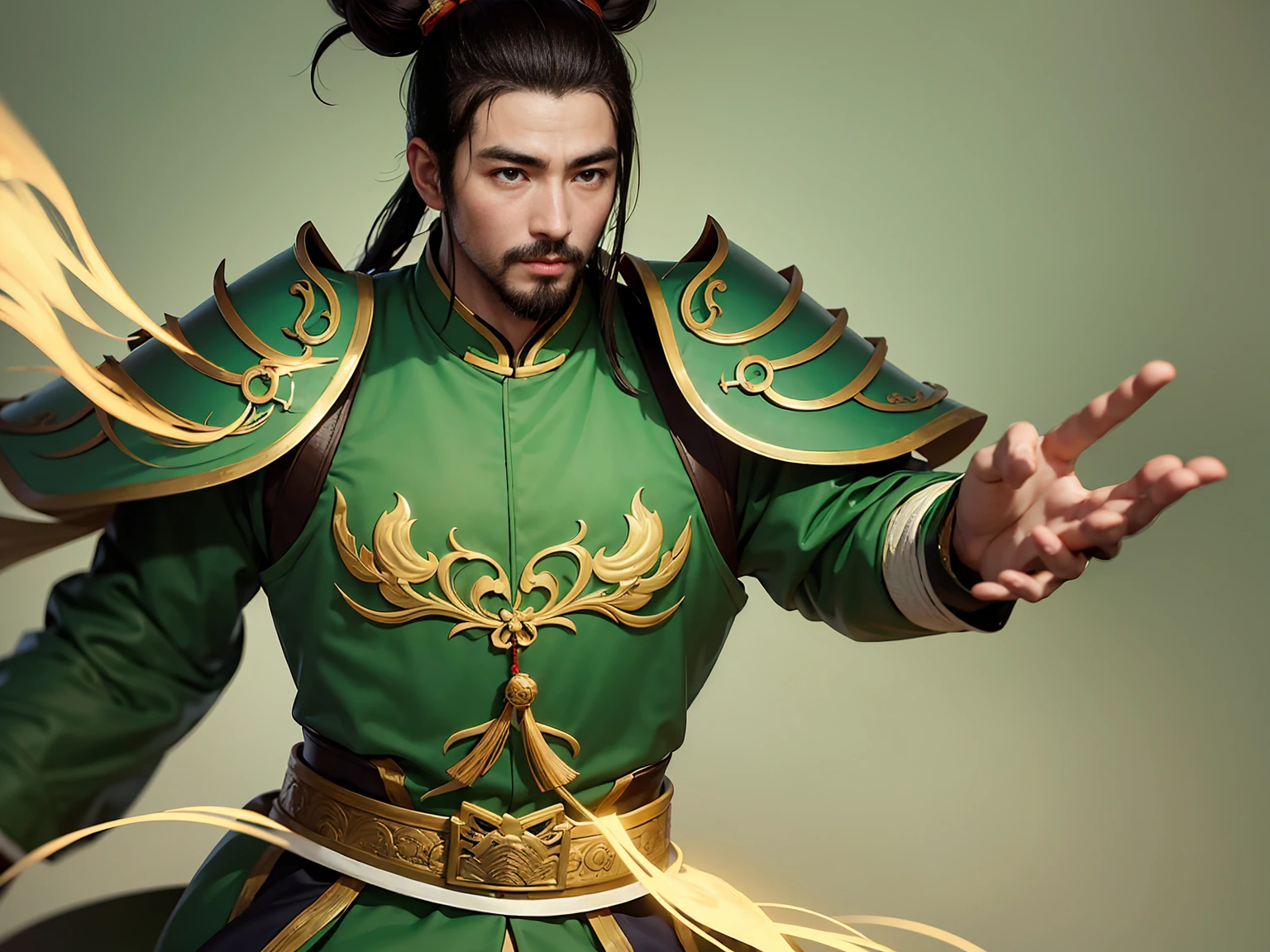 wet on dry, Full-length portrait of Chinese Liu Bei. His appearance is goat's beard, soft and charismatic. His topknot and light green armor unique to ancient China.