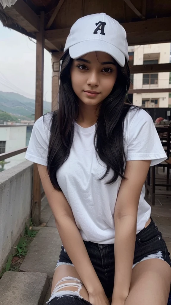 A indian gril black hair a white cap black t shirt siting a bot wite angle pic kashmir velly