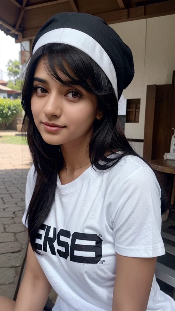 A indian gril black hair    a  white cap black t shirt  siting a bot wite angle pic kashmir velly