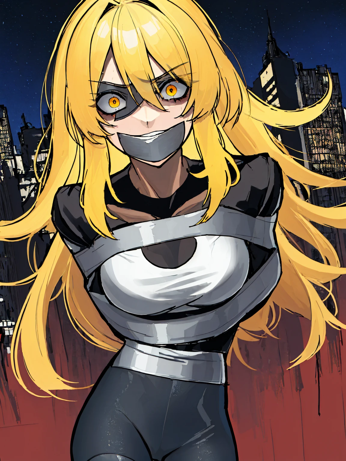 (absurdres, 8k, 4k, masterpiece, hyper extreme detailed:1.2), (masterpiece), best quality, expressive eyes, highres, perfect eyes, 1girl, perfect face, perfect hands, standing, belt, 1girl, blonde hair, eyepatch, perfect anatomy, eyepatch, long hair, platinum blonde hair, muscular, toned body, strong, empty eyes, blank stare, crazy face, crazy eyes, crazy smile, gloves, graphic t- shirt, small, golden eyes, deadpan, expressionless, shaded face, messy hair, crazy hair, city background, heroic, half body, cowboy shot, night time, stars, night sky, hand on head, hands in pockets, wind, windy, pantyhose, covered abdomen, bondage, bdsm, bound, bdsm, tape gag, tape, tape bondage, restrained, tape wrapped, wrap gag, bondage, taped wrists, taped breasts, taped mouth, taped elbows, taped forearms, standing up, 1girl, arms behind back, shocked, wide eyes,