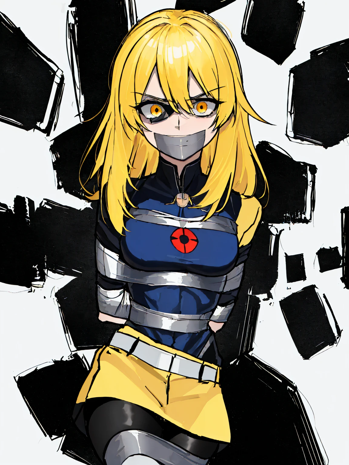 (absurdres, 8k, 4k, masterpiece, hyper extreme detailed:1.2), (masterpiece), best quality, expressive eyes, highres, perfect eyes, 1girl, perfect face, perfect hands, standing, belt, 1girl, blonde hair, eyepatch, perfect anatomy, eyepatch, long hair, platinum blonde hair, muscular, toned body, strong, empty eyes, empty eyes, blank stare, crazy face, crazy eyes, crazy smile, straps, gloves, black graphic t- shirt, small, undershirt, jacket, no background, empty background, golden eyes, deadpan, expressionless, tired, fatigue, shaded face, floating, earthquake, natural disaster, aura,