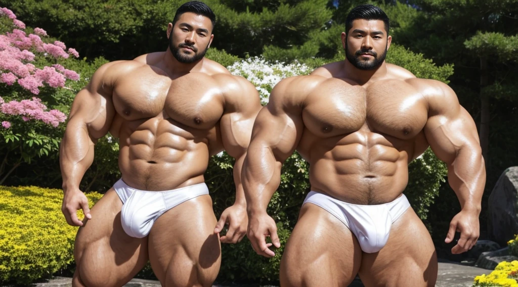 A handsome Asian actor,30 years old,Tall and handsome, Toned body,short hair, O-Shaped Beard,Perfect body, Dark skin,Glowing skin,Smooth skin,The body is hairless,Muscle bulge, Muscular, Very large pectoral muscles,Very sexy abdominal muscles,Very well-developed leg muscles,Huge concave and convex area,Brightens oily skin,Wearing a white leather shiny thong,Handsome face, Correct and accurate male body proportions, Stand among the flowers。