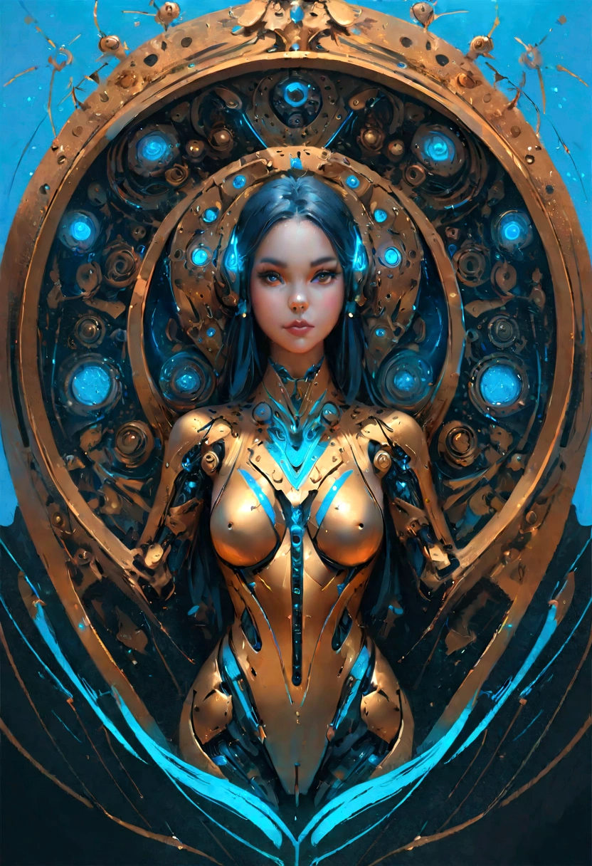 Magnificent artificial intelligence, beautiful woman with robotic body, hyper realistic, cinematic angle, blue neon blurred background, apparent circuits,  vibrant, detailed, zbrush, comic book illustration, trending on artstation. by peter mohrbacher, by wlop, by ruan jia, by alphonse mucha, by dmitry prozorov, by norman rockwell,