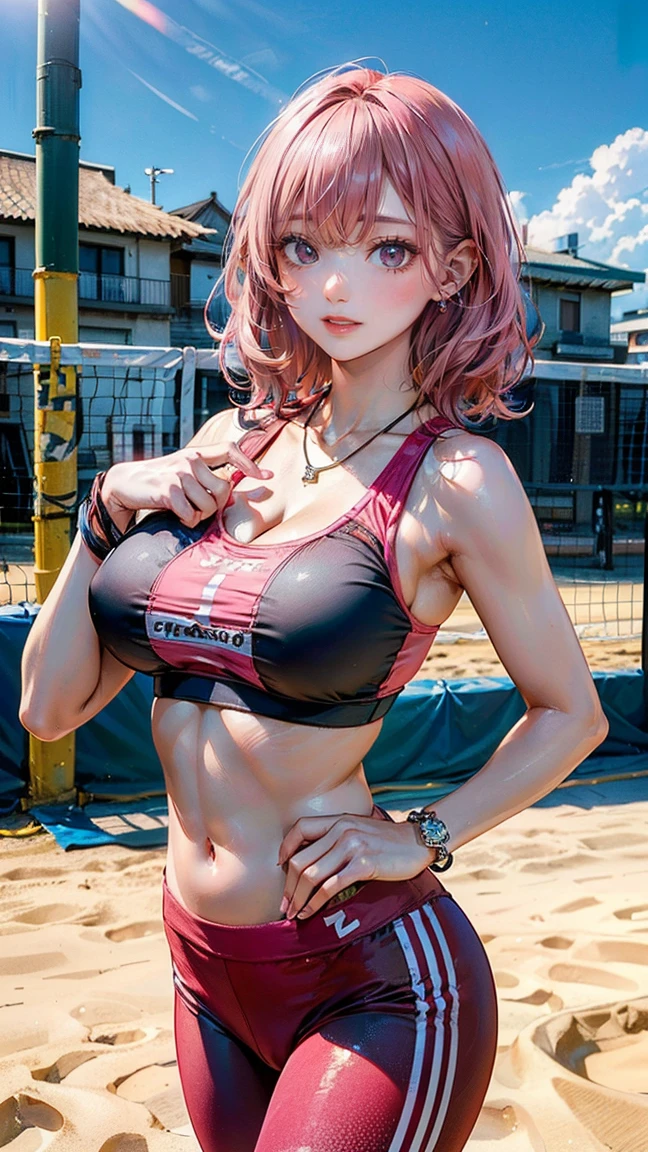 (Masterpiece, BestQuality:1.3), (ultra detailed:1.2), (hyperrealistic:1.3), (RAW photo:1.2), High detail RAW color photo, professional photograph, (Photorealistic:1.4), (realistic:1.4), professional lighting, perfect , (:1.2), (blush, detailed face), (cheerful Smile:1.5), Trending Hair&Trending Hairカラーをランダムに, earrings, necklace, bracelet, sexly,  sexly, Random  gravure poses, (A beautiful pink-haired woman wearing a red sports bra and leggings、Smiling and posing  on a beach volleyball court in summer。:1.3)