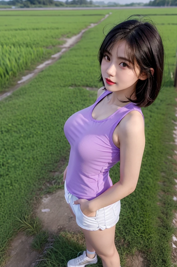 A very cute girl, solo, young, wearing purple tank top and short pants, big breasts, white and smooth skin, standing, full body, medium hairs, red lip, at rice field, realistic face