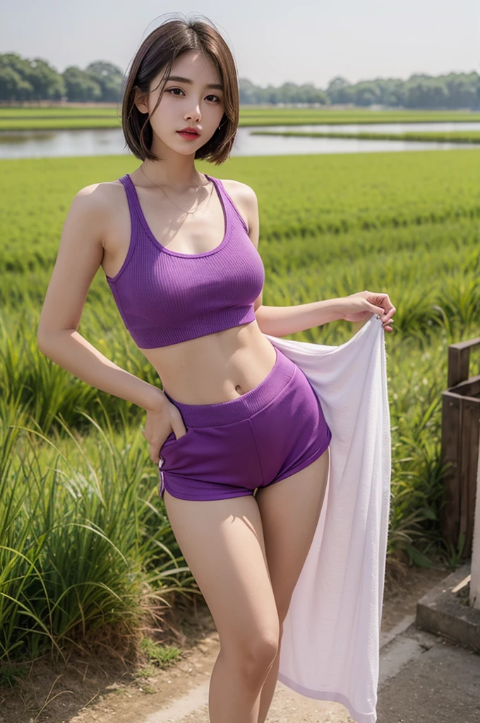 A very cute girl, solo, young, wearing purple tank top and short pants, , white and smooth skin, standing, full body, medium hairs, red lip, at rice field, realistic face