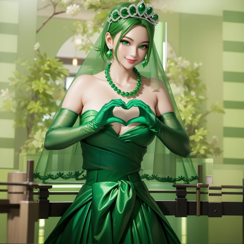 Emerald tiara, Green Pearl Necklace, ボーイッシュな非常に短いGreen Hair, Green Lips, Smiling Japanese woman, Very short hair, Busty beautiful lady, Green Eyes, Green satin long gloves, Green Eyes, Emerald Earrings, Green veil, Heart with both hands, Heart shaped hands, Green Hair, Beautiful Japanese Women, green lip gloss