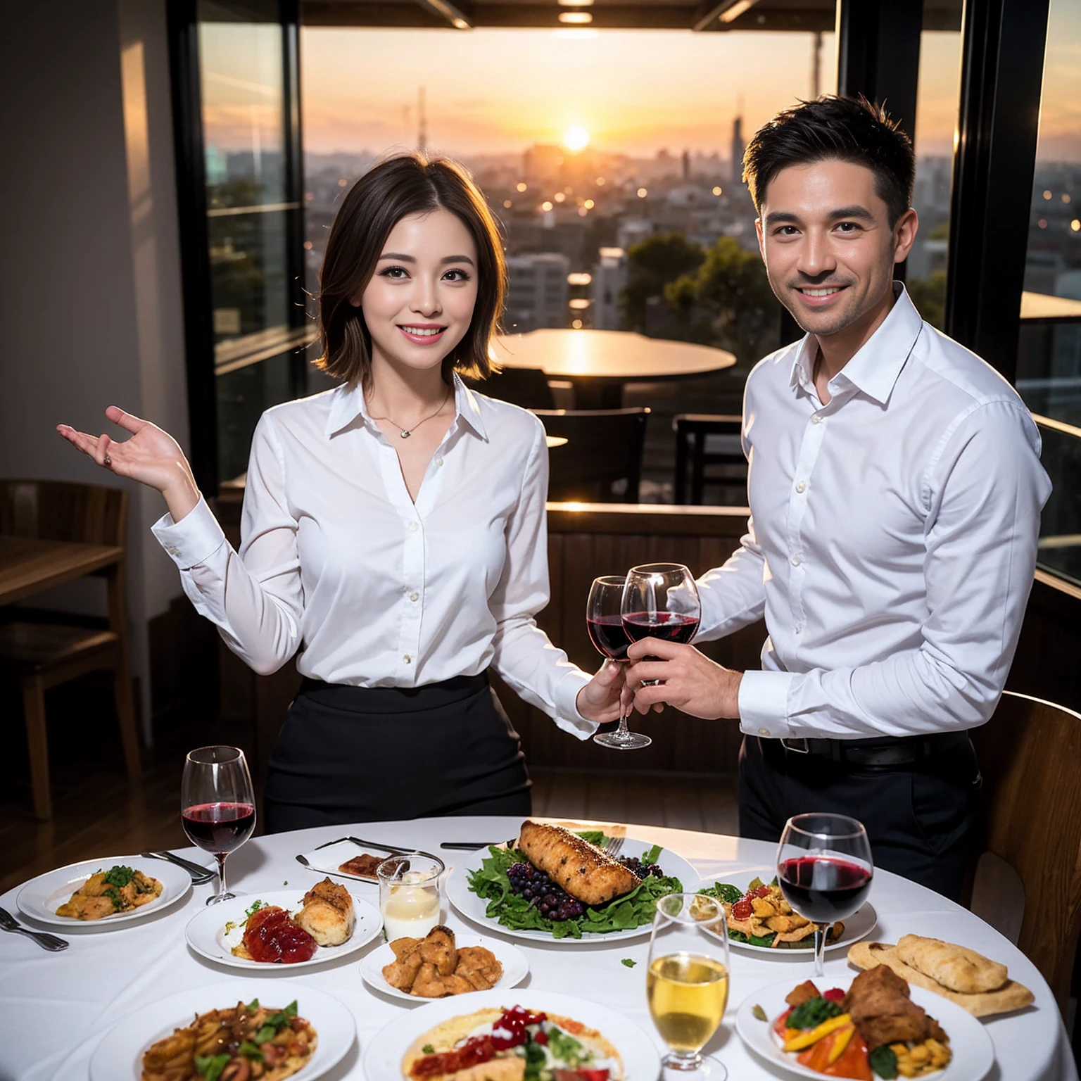 ((Highest quality、8K、masterpiece:1.3))、 (Ultra-realistic、 Genuine、Bright image、Intricate details:1.2), 最高のsmile、1 male 1 female、Beautiful couple、Love Love Love、spouse、Female announcer、actress couple、smile、Full-course dinner at a packed table、 (Slim face), (the body is slim), (Brown Hair), (short hair), テーブルのwine glass、Please shine a light on my face、 Amazing view of the sunset sky and clouds、36 years old 39 years old, red wine 、Appetizers、Wine bottle、sparkling wine、Long sleeve shirt、dress、White wine, red wine, wine glass, 