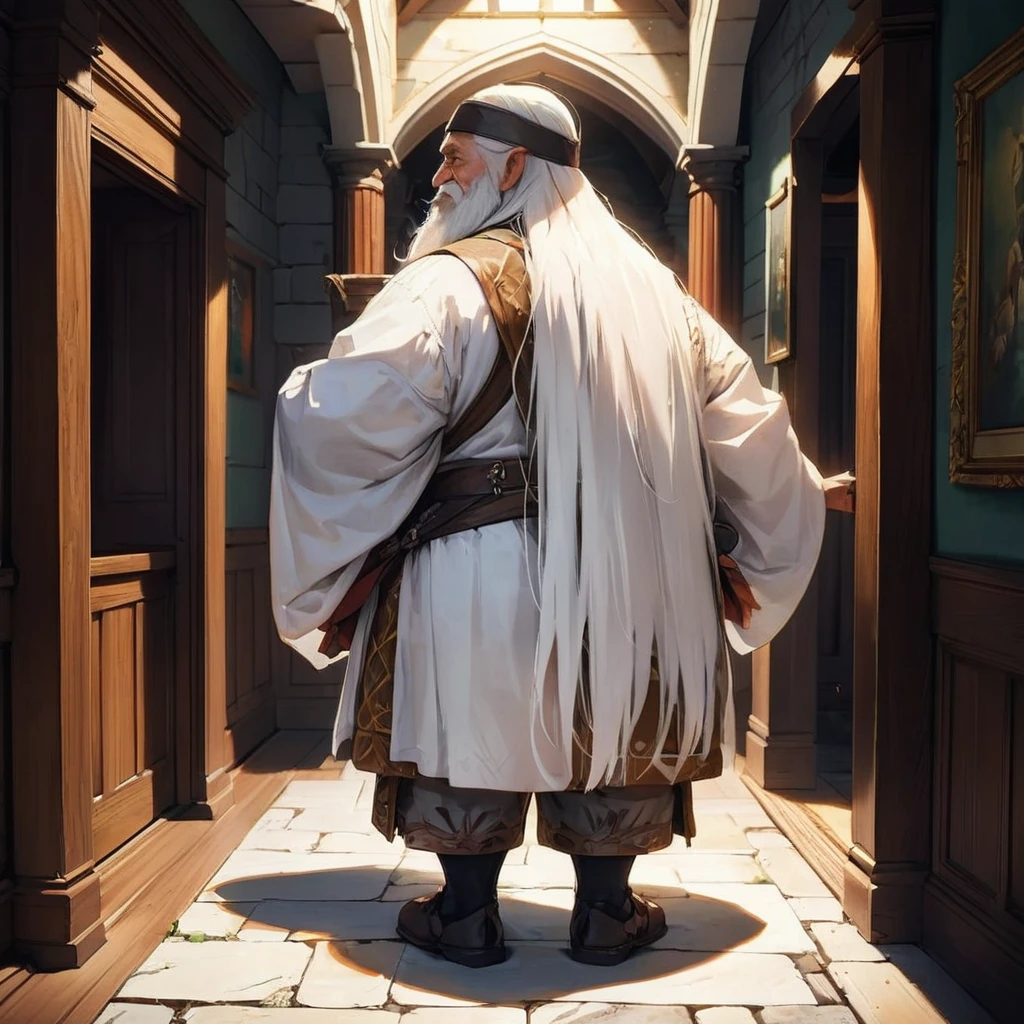 Create a compelling scene depicting the back view of an elderly dwarf with long, white hair standing in a grand hall. The focus should be on capturing the dwarf's rugged appearance and the ornate details of the hall, reflecting a rich fantasy world. Ensure the composition emphasizes the dwarf's stature and the atmosphere of age and wisdom