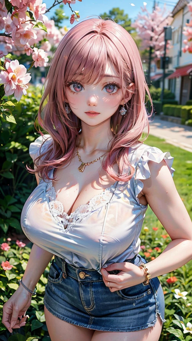 (Masterpiece, BestQuality:1.3), (ultra detailed:1.2), (hyperrealistic:1.3), (RAW photo:1.2), High detail RAW color photo, professional photograph, (Photorealistic:1.4), (realistic:1.4), professional lighting, perfect anatomy, (Big Breasts:1.2), (blush, detailed face), (cheerful Smile:1.5), Trending Hair&Trending Hairカラーをランダムに, earrings, necklace, bracelet, sexly, erotic sexly, A pink-haired beauty wearing a white lace blouse and denim skirt poses randomly in a sexy gravure photo shoot、She is smiling and posing sexy while strolling through a spring flower field.。:1.3)
