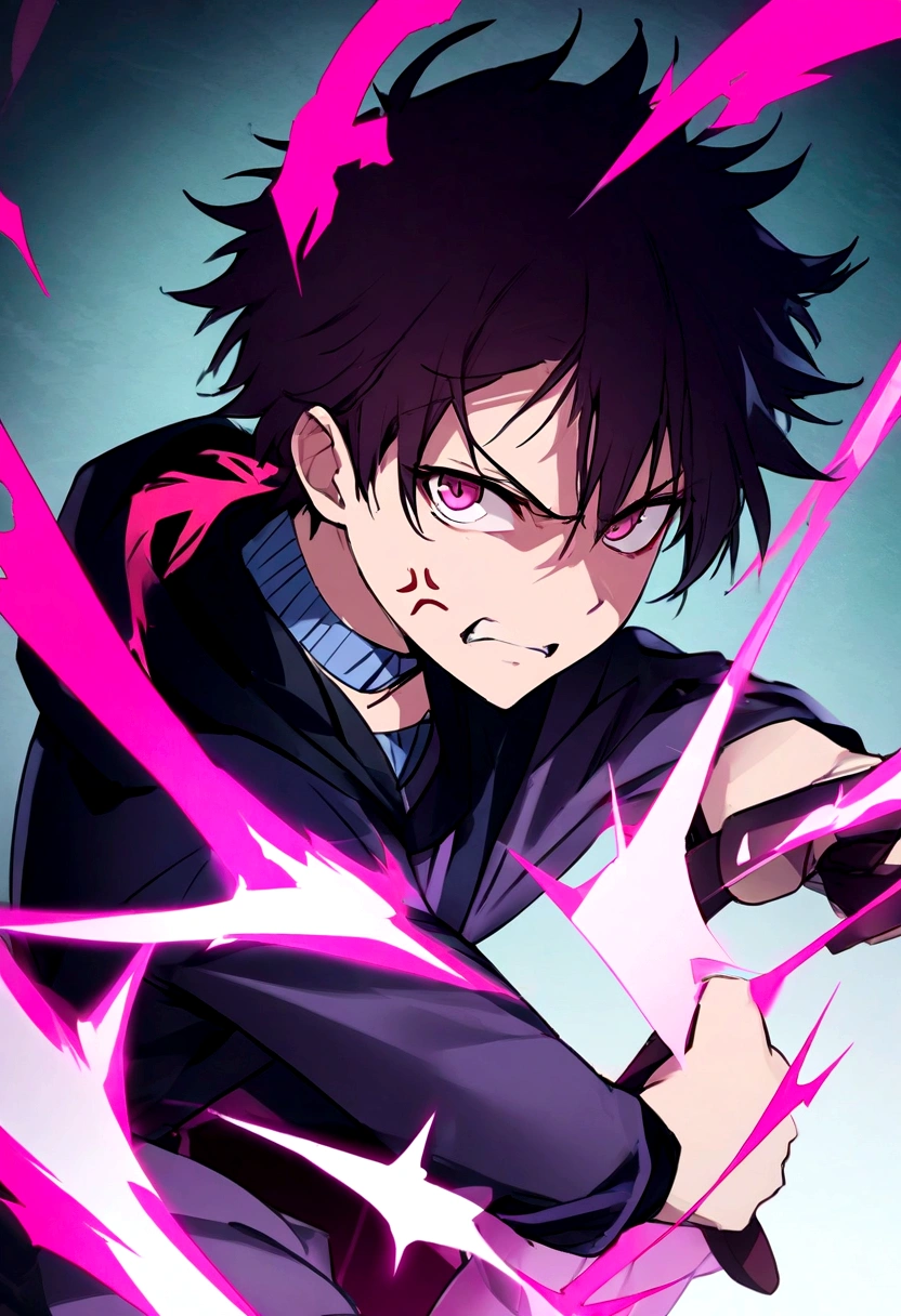 YOUNG, 1 chico, Hair: white with green highlights, look at the viewer, angry expression, cunning, facial focus, dutch angle, 4k high definition. eyes: green