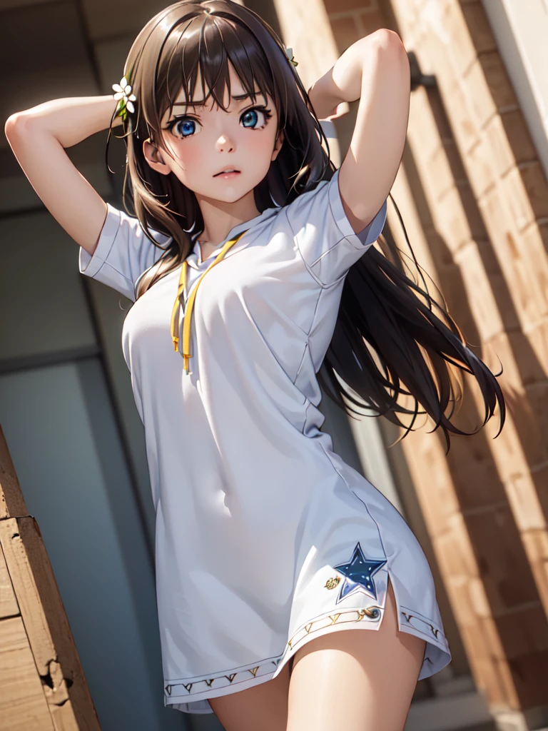 Okay, Saten Ruiko, Black Hair, blue eyes, Long Hair, ((hair ornaments)), Floral decoration,
break セクシーな, 
break ビーチ, Palm tree,  ((Arms above head:1.3) break looking at viewer, (Cowboy Shot:1.5), ((Dutch Angle:1.3)), break (masterpiece:1.2), Highest quality, High resolution, unity 8k wallpaper, (figure:0.8), (Beautiful fine details:1.6), Highly detailed face, Perfect lighting, Highly detailed CG, (Perfect hands, Perfect :.3),