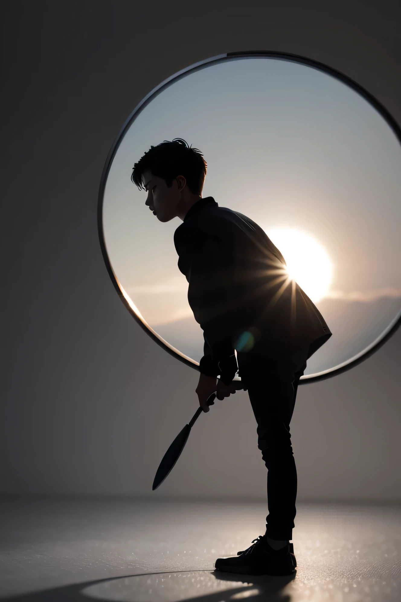 High definition logo, 2d resolution, captured by a digital studio camera, third person perspective. Image of a person represented only as a black silhouette, holding a magnifying glass. The focus of the image is in the magnifying glass, that reflects light brilliantly, standing out in the center of the composition. The background is neutral and blurred, with a slight gradient that goes from light gray to dark gray, enhancing the contrast of the silhouette and the magnifying glass.