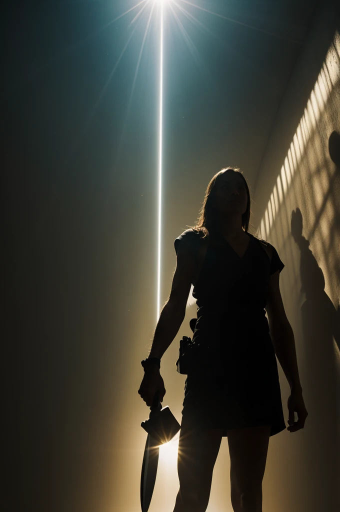 An arm holding a knife, approaching towards the light