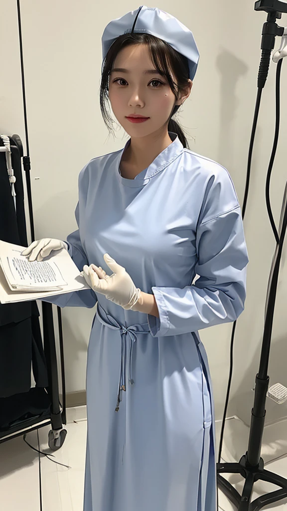 ((masterpiece, best quality, high quality)),1girl, (hospital), infirmary, (surgical_uniform, long sleeves, long dress, latex gloves,surgical cap),