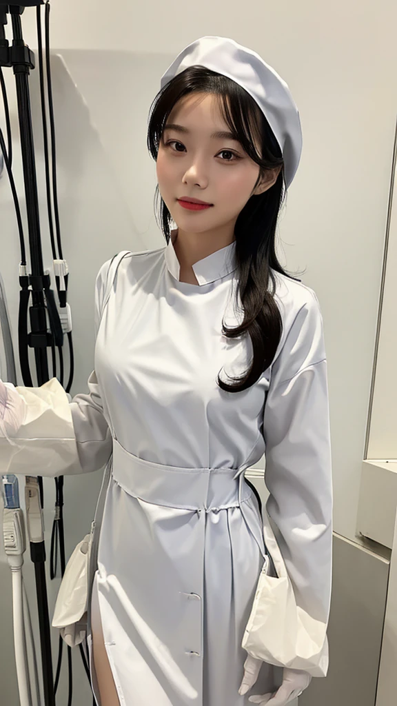 ((masterpiece, best quality, high quality)),1girl, (hospital), infirmary, (surgical_uniform, long sleeves, long dress, latex gloves,surgical cap),