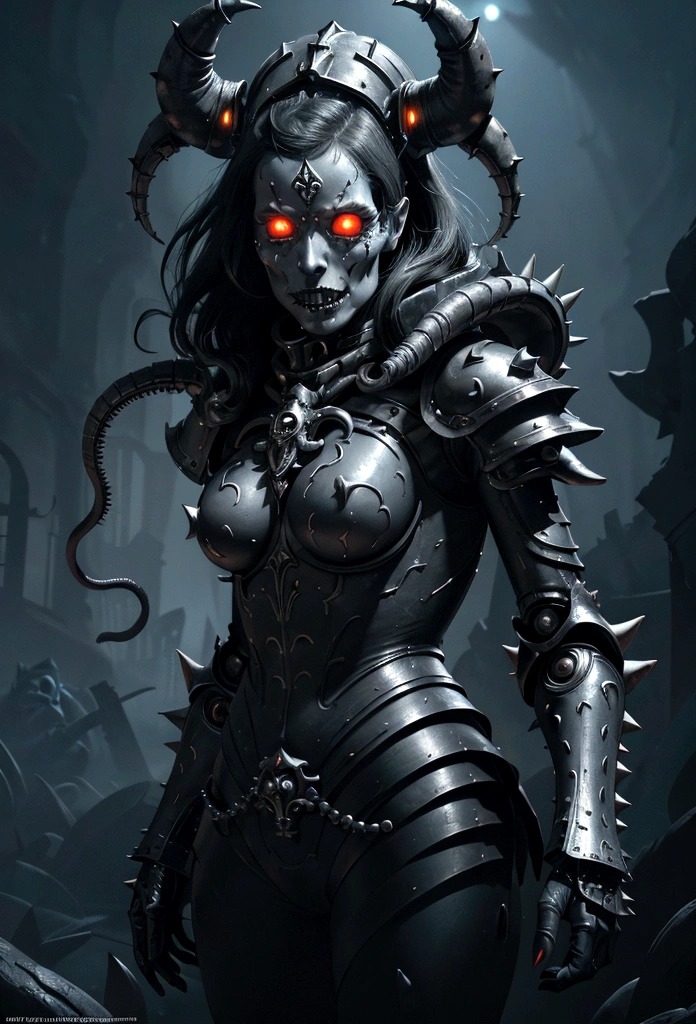 a gorgeous adepta sororitas from the movie tron, glowing skull armor, spikes, teeth, monster, dirty tentacles, pus pimples, cracked truenurgle, detailed face and eyes, beautiful lips, extremely detailed, 1girl, oil painting, concept art, dark fantasy, cinematic lighting, dramatic shadows, vibrant colors, moody atmosphere, hyper detailed, 8k, photorealistic
