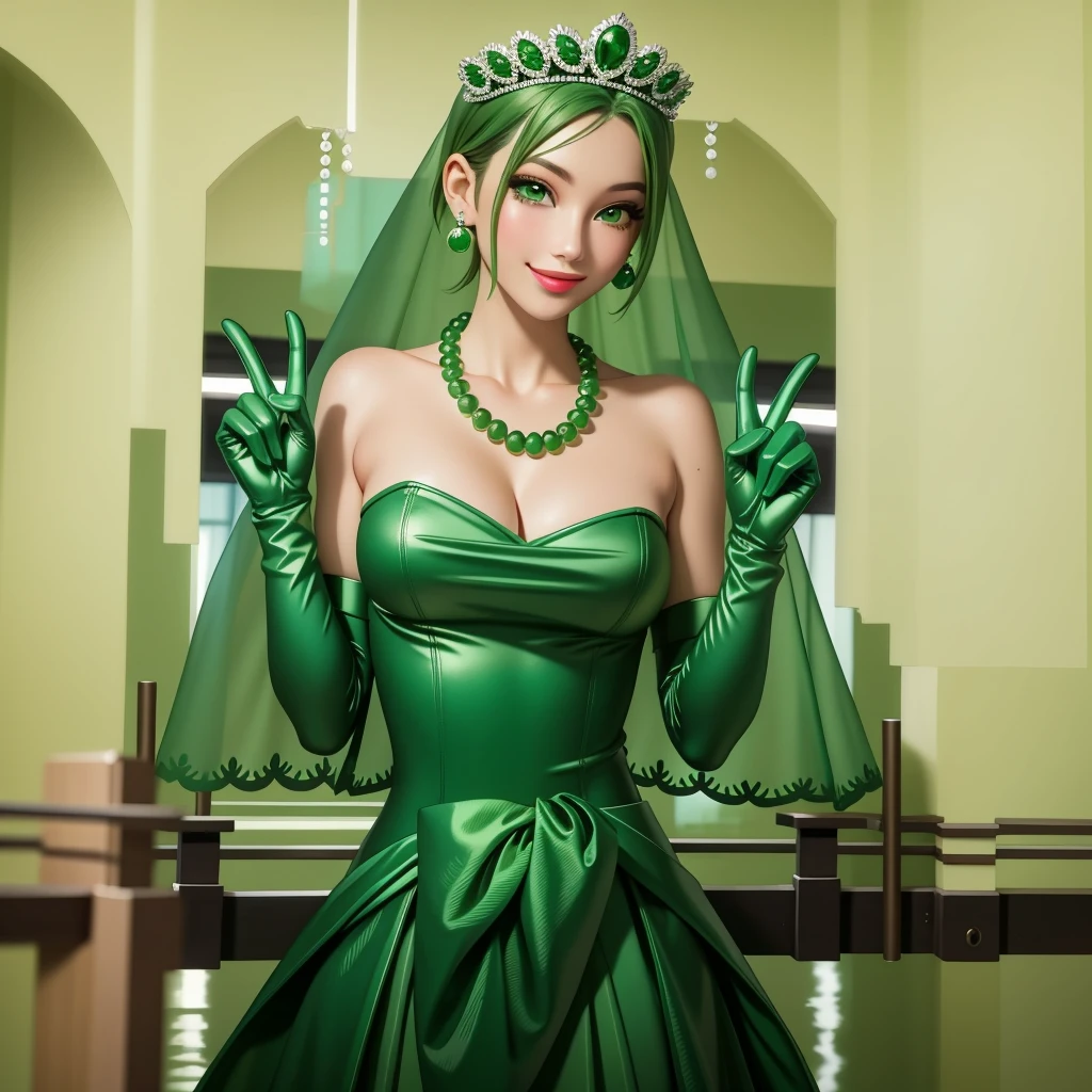 Emerald tiara, Green Pearl Necklace, ボーイッシュな非常に短いGreen Hair, Green Lips, Smiling Japanese woman, Very short hair, Busty beautiful lady, Green Eyes, Green satin long gloves, Green Eyes, Emerald Earrings, Green veil, Vsain, Green Hair, Beautiful Japanese Women, green lip gloss