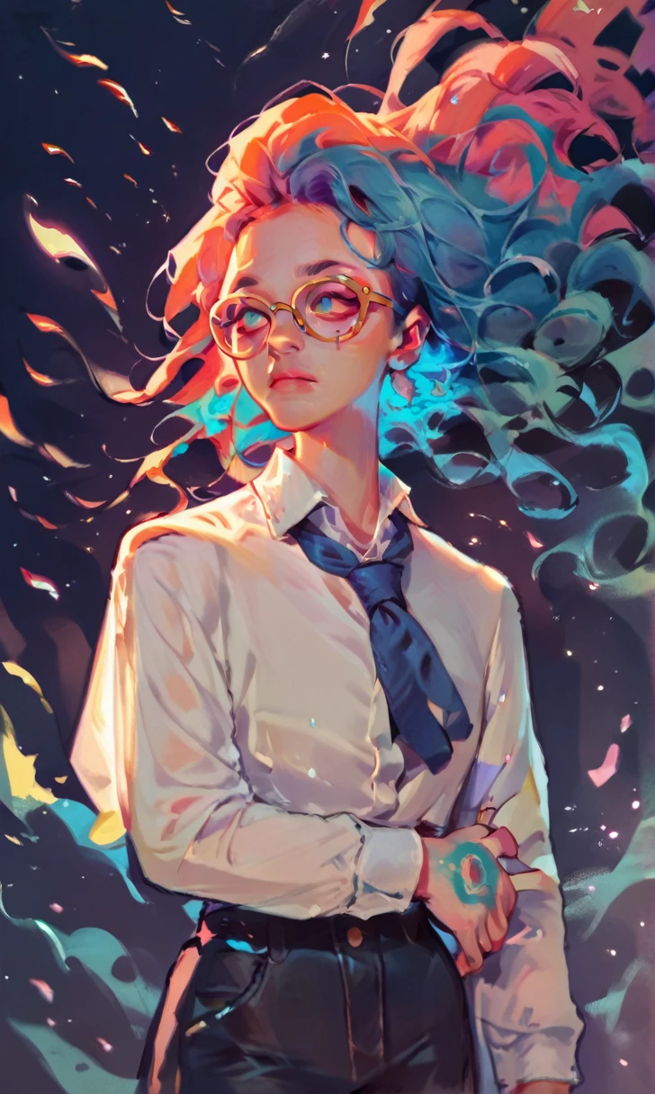 (score_9, score_8_up), score_7_up, score_6_up, score_5_up, score_4_up, 1girl, glowing blue smoke emerging from her hair, glittery particles, dark background, vibrant, high contrast, painterly, traditional oil paint, white shirt with panda face design on it, black shorts, glasses,