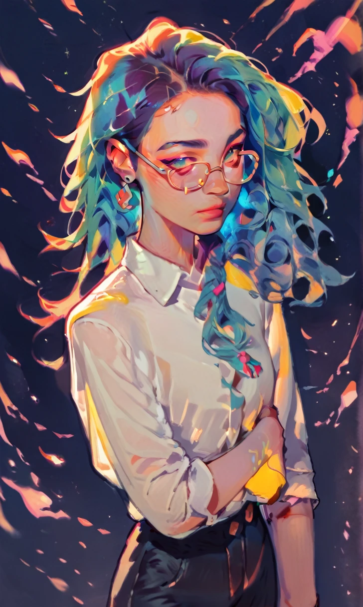 (score_9, score_8_up), score_7_up, score_6_up, score_5_up, score_4_up, 1girl, glowing blue smoke emerging from her hair, glittery particles, dark background, vibrant, high contrast, painterly, traditional oil paint, white shirt with panda face design on it, black shorts, glasses,