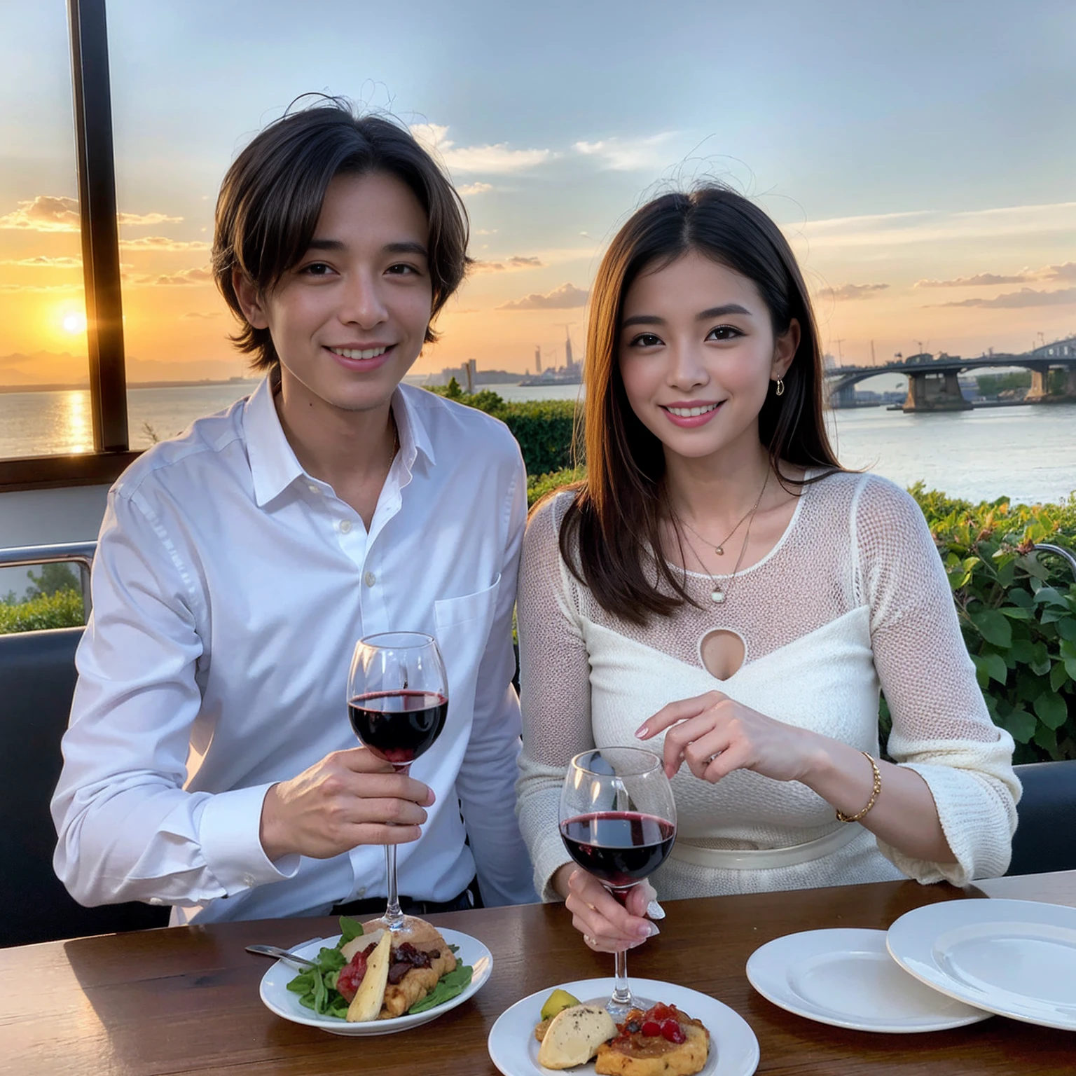 ((Highest quality、8K、masterpiece:1.3))、 (Ultra-realistic、 Genuine、Bright image、Intricate details:1.2), 最高のsmile、1 male、1 female、Beautiful couple、Love Love Love、Lover who looks like Miki Nakatani、Good friends、actress couple、smile、Full-course dinner at a packed table、 (Slim face), (the body is slim), (Brown Hair), (short hair), テーブルのwine glass、Please shine a light on my face、 Amazing view of the sunset sky and clouds、42 years old 39 years old, red wine 、Appetizers、Wine bottle、sparkling wine、Long sleeve shirt、dress、White wine, red wine, wine glass,