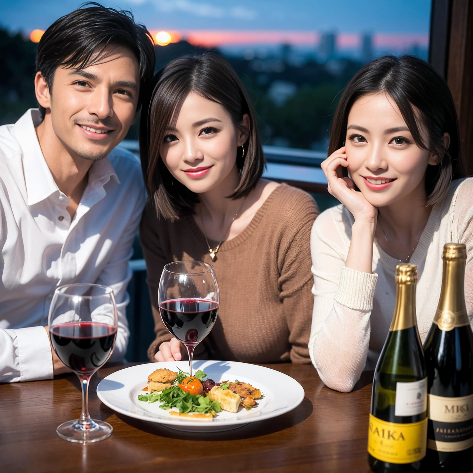 ((Highest quality、8K、masterpiece:1.3))、 (Ultra-realistic、 Genuine、Bright image、Intricate details:1.2), 最高のsmile、1 male、1 female、Beautiful couple、Love Love Love、Lover who looks like Miki Nakatani、Good friends、actress couple、smile、Full-course dinner at a packed table、 (Slim face), (the body is slim), (Brown Hair), (short hair), テーブルのwine glass、Please shine a light on my face、 Amazing view of the sunset sky and clouds、42 years old 39 years old, red wine 、Appetizers、Wine bottle、sparkling wine、Long sleeve shirt、dress、White wine, red wine, wine glass,
