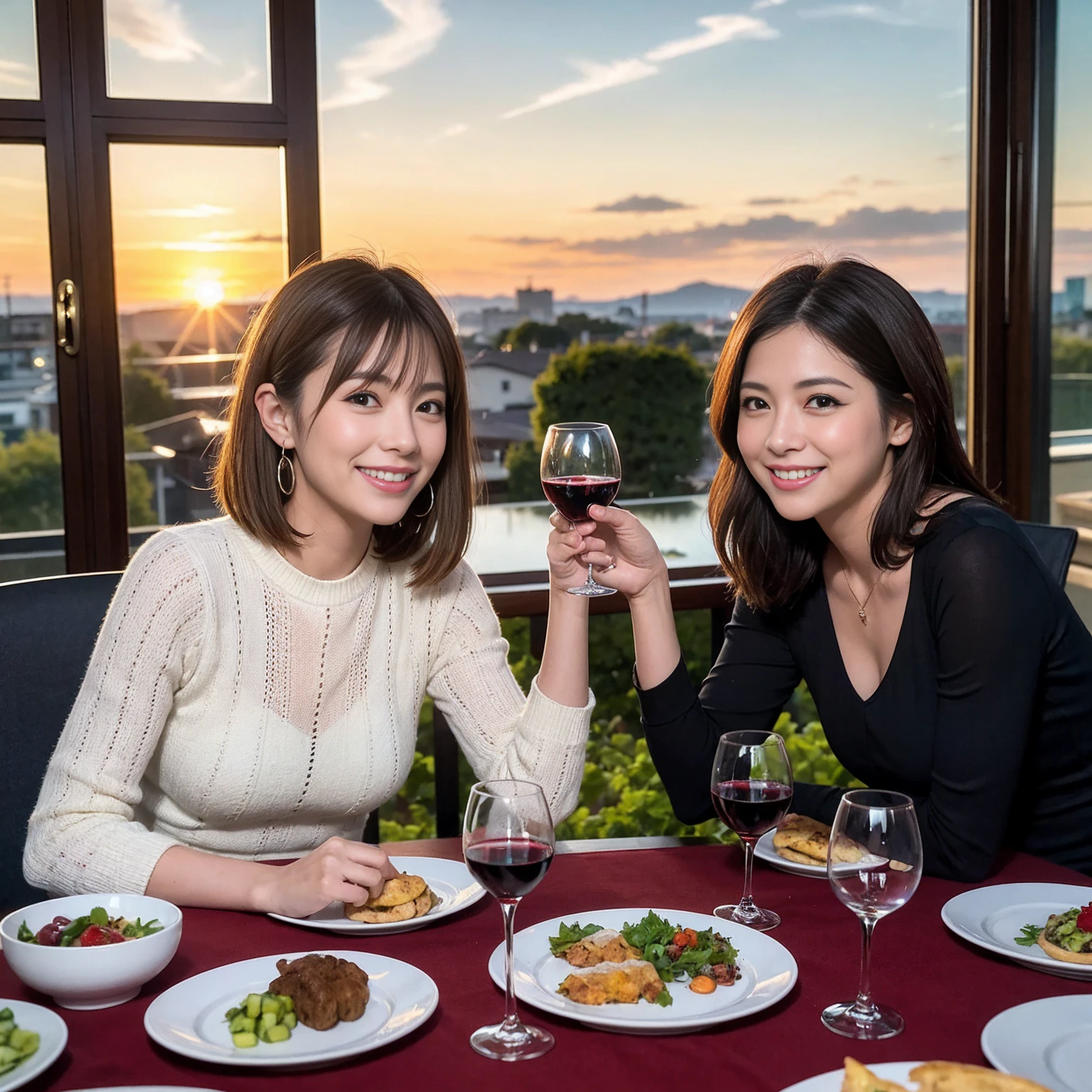 ((Highest quality、8K、masterpiece:1.3))、 (Ultra-realistic、 Genuine、Bright image、Intricate details:1.2), 最高のsmile、1 male、1 female、Beautiful couple、Love Love Love、Lover who looks like Miki Nakatani、Good friends、actress couple、smile、Full-course dinner at a packed table、 (Slim face), (the body is slim), (Brown Hair), (short hair), テーブルのwine glass、Please shine a light on my face、 Amazing view of the sunset sky and clouds、42 years old 39 years old, red wine 、Appetizers、Wine bottle、sparkling wine、Long sleeve shirt、dress、White wine, red wine, wine glass,